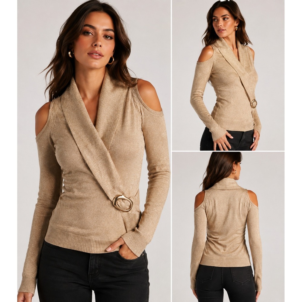 Cache Vintage Y2K Gold Metallic Cold Shoulder Shawl Collar Buckle Sweater XS
